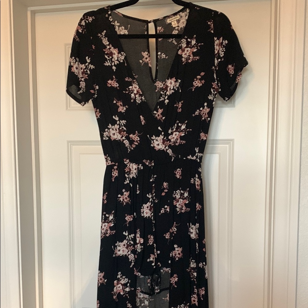 Pink & White Floral Black Flutter Sleeve Maxi Romper